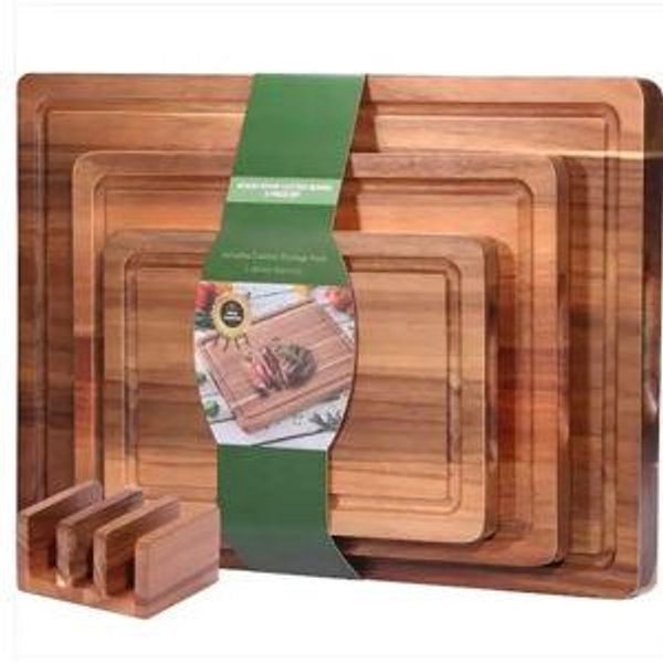 3-Piece Acacia Wood Cutting Board, Solid Wooden Cutting Board with Holder and Built-in Handles for Kitchen