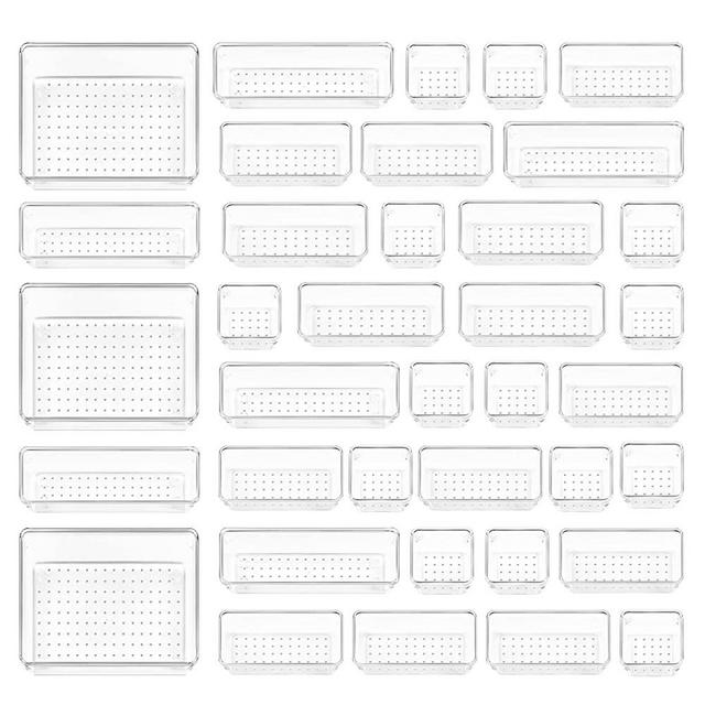 37 PCS Clear Plastic Drawer Organizers Set, Vtopmart 4-Size Versatile Bathroom and Vanity Drawer Organizer Trays, Storage Bins for Makeup, Jewelries, Kitchen Utensils and Office