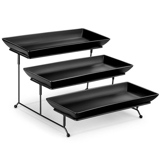 MALACASA 3 Tier Serving Trays for Party, Stoneware Serving Platters and Trays, 14 Inch Tiered Tray Stand, Fruit Tray, Trays for Serving Food, Black Dessert Stand with Collapsible Sturdier Metal Rack
