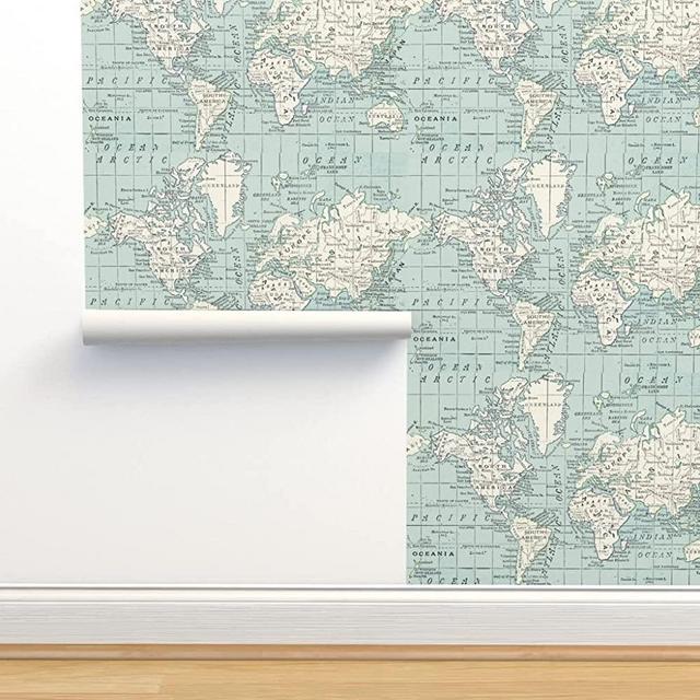 Spoonflower Peel & Stick Wallpaper 9ft x 2ft - Soft Blue Cream World Map Vintage Gray White Cheater Quilt Geography Travel Baby Boy Room Custom Removable Wallpaper