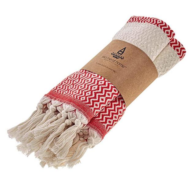 Decorative Turkish Hand Towels for Bathroom with Bohemian Design (Set of 2), 100% Turkish Cotton Farmhouse Boho Kitchen Towel Set, 16 x 36 Inches, Hair Face Dish Tea Towels (Red)