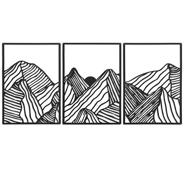 3 Pcs Metal Wall Art Decor Mountain Scene Metal Wall Decor Line Drawing Wall Art Abstract Minimalist Wall Decor Rustic Nature Wall Decor for Home Bathroom Living Room (Black)