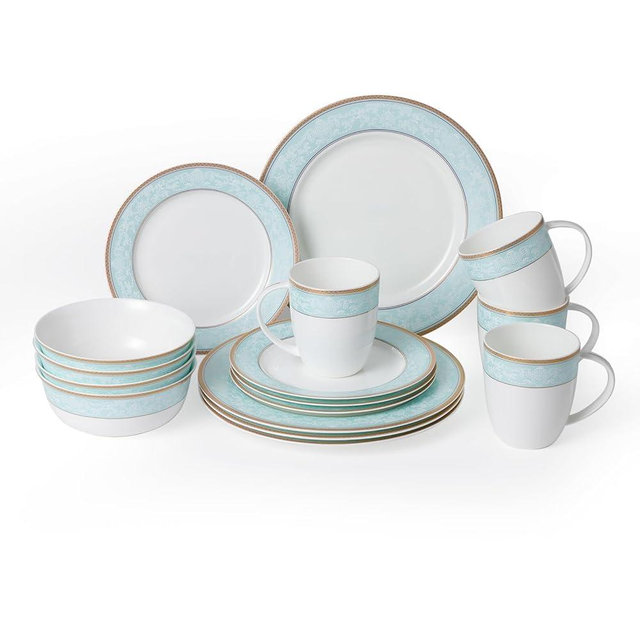 Wpslnwo Fine Bone China Dinnerware Set,16 Pcs Classic Relief Pattern Gilt Edged High Grade Porcelain Tableware Sets For 4 People with Gift Box Packaging