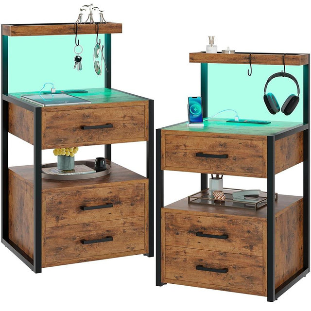 VIAGDO Nightstands Set of 2 with LED Lights, 3 Drawers Night Stands with Charging Station, Rustic Brown Bedside Tables with Storage Shelves, Modern End Side Tables for Bedroom, Office