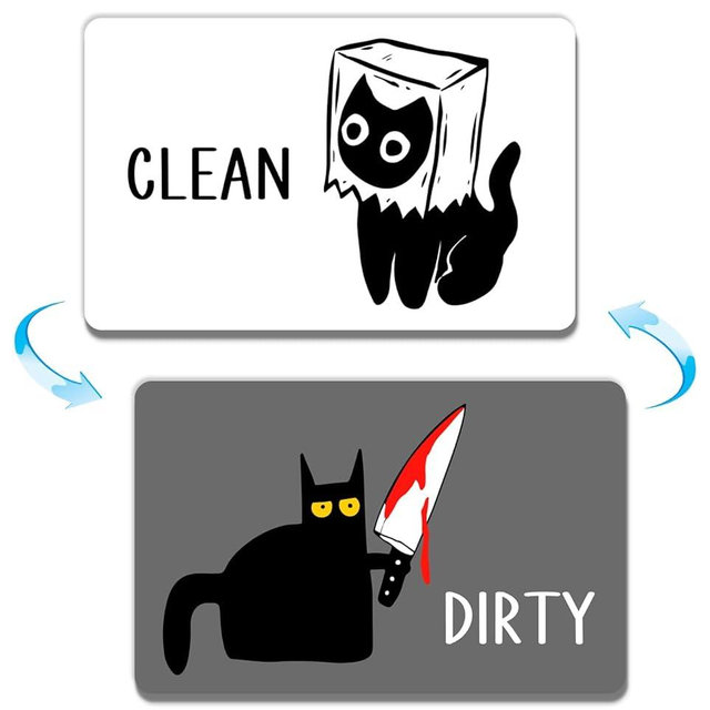JCHCAMRY Funny Dishwasher Magnet Clean Dirty Sign,Cute Cartoon Black Cat Universal Double Sided Refrigerator Magnet,Double Sided Reversible Dish Washer Magnet Signfor Kitchen Home Accessories Decor