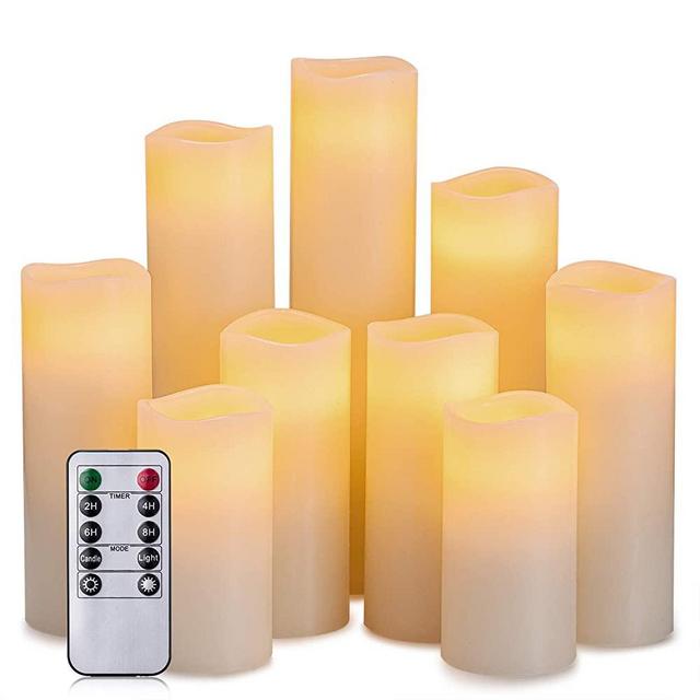 Hausware Flameless Candles Battery Operated Candles H 4" 5" 6" 7" 8" 9" Real Wax Pillar Flickering LED Candle with 10-Key Remote and Timer Control Set of 9 (Ivory Color)
