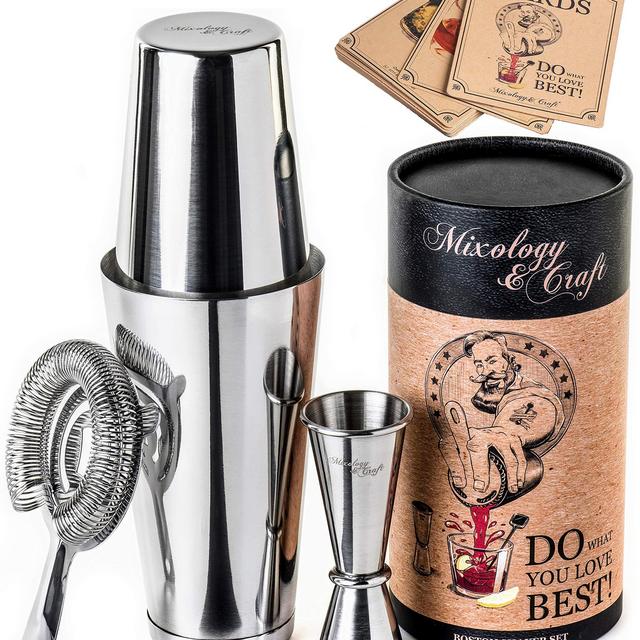 Cocktail Shaker Boston Shaker Set: Professional Weighted Martini Shakers with Cocktail Strainer and Japanese Jigger | Portable Bar Shaker Set for Drink Mixer Bartending | Exclusive Recipes Bonus