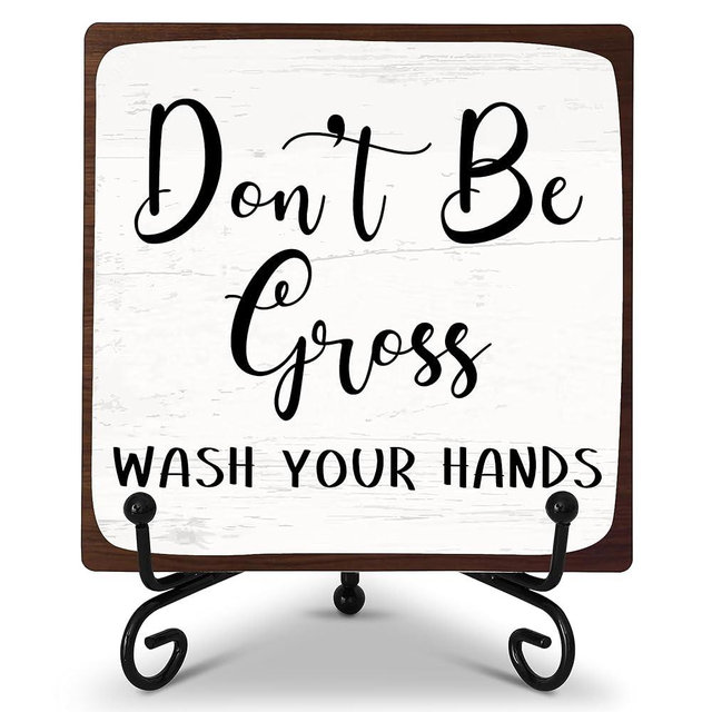 Bathroom Desk Decor Sign, Don't Be Gross Wash Your Hands, Rustic Wooden Plaque Sign With Iron Stand, Farmhouse Home Office Restroom Desk Shelf Decorations -14