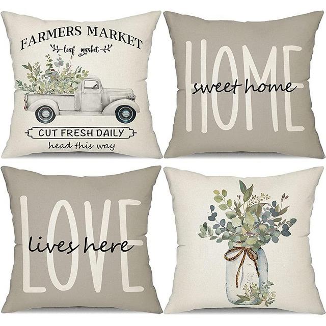 Farmhouse Pillow Covers 18x18 Set of 4,Eucalyptus Leaves Decorations Truck Vase Home Sweet Home Linen Cushion Case Gifts for Home Decor