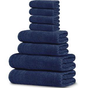 [Dark Blue] Tens Towels 8 Piece Towels Set, 2 Extra Large Bath Towels, 2 Hand Towels, 4 Washcloths, 100% Cotton, Lighter Weight, Quicker to Dry, Super Absorbent, Perfect Bathroom Towels Set (Navy)