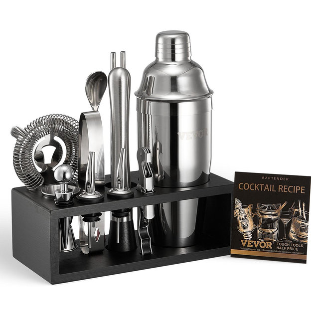 VEVOR Cocktail Shaker Set, 13-Piece Stainless Steel Bar Tools with Bamboo Stand, Martini Bartender Kit Accessories | Mixer Spoon, Jigger,Silver&Black