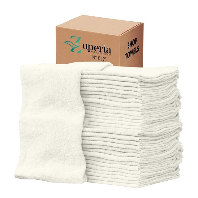 ZUPERIA Cotton Shop Towel – Multipurpose Cleaning Cloths (14" x 12" - Pack of 150 - White) Reusable Shop Rags for Automobiles, Industrial, Restaurants, Garage, and Homes