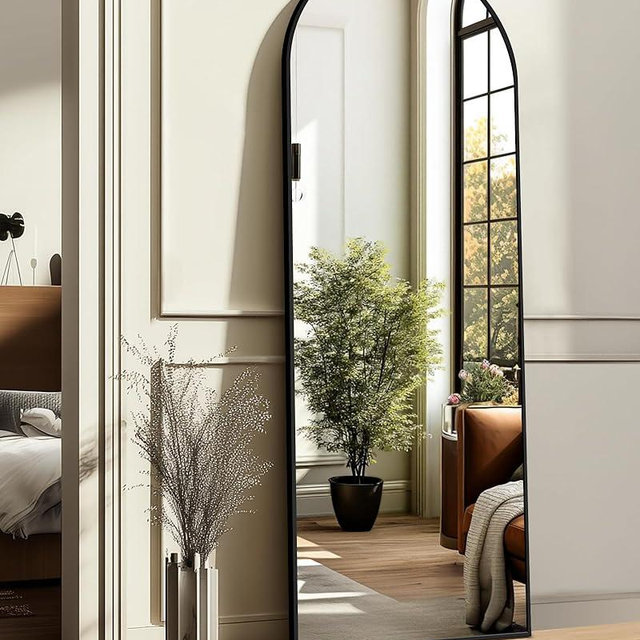 TRAHOME Arched Full Length Mirror, 56"x15" Standing Body Mirror for Wall, with Aluminum Alloy Frame for Bedroom, Living Room, Dressing Room(Black)