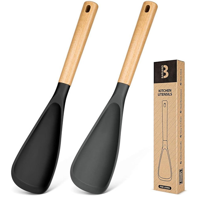 Cooking Spoon for Nonstick Cookwares, Great for Cooking and Serving Sturdy BPA-Free Matte Silicone, Wood Handle Spoon for Mixing, Scoop, and Scrape (Black & Grey, 13.4 inch)
