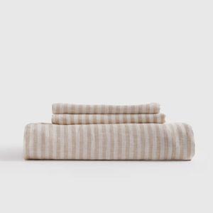 European Linen Fitted Sheet Set in Natural/White Stripe