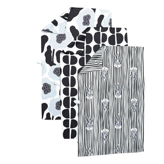 Desert Aqua || 3 Pack|| Double Sided Dish Towels || Waffle Weave Microfiber || Tea Towels || Highly Absorbent || Hanging Loop || Dish Cloths || Modern || Designer Prints (Black/Gray)