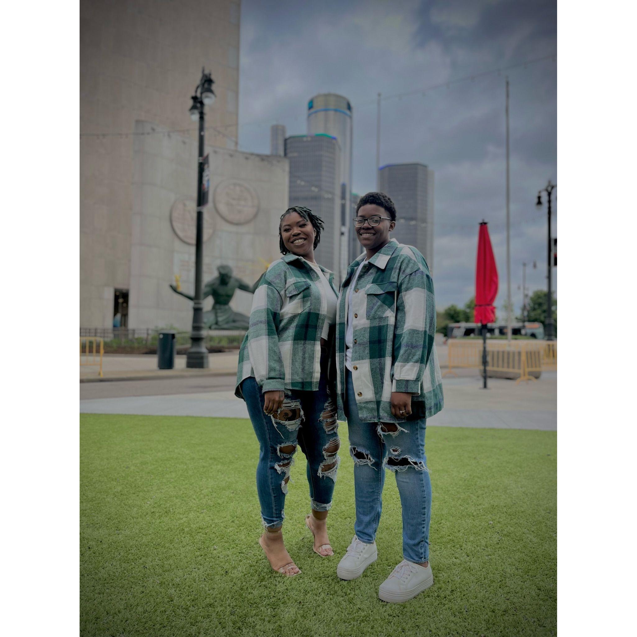 Standing in Hart Plaza, pictured behind us captures the essence of Detroit! To our left is the "Spirit of Detroit", and the GM Renaissance Center is directly behind us.