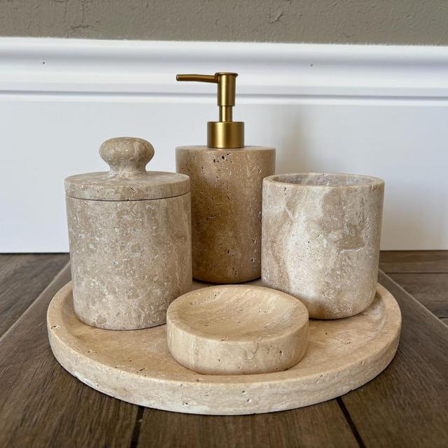 5-Piece Handmade Travertine Bathroom Set | Beige Marble Set | Natural Stone Liquid Soap Dispenser | Marble Decor | Turkish Marble