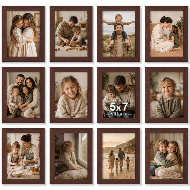 Vittanly 5x7 Picture Frames Set of 12, Display 4x6 Pictures with Mat or 5x7 without Mat, Engineered Wood with Shatter Resistant Plexiglass, Wall or Tabletop Photo Frames, Walnut