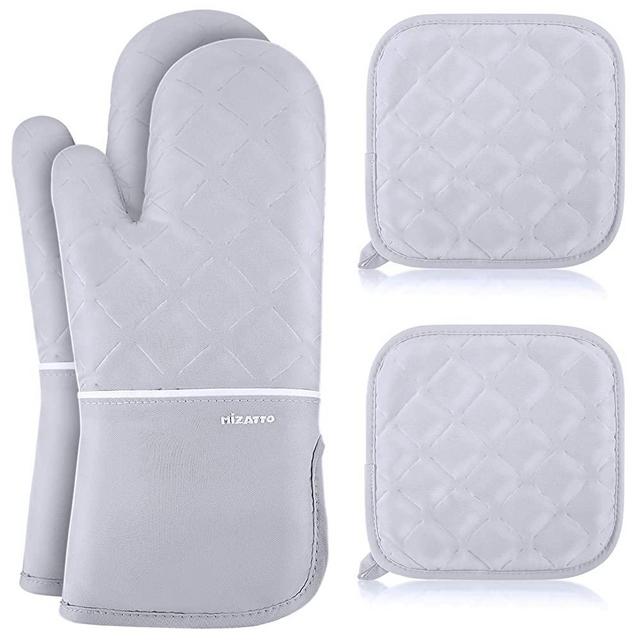 MIZATTO Oven Mitts and Pot Holders 4pcs Set – Kitchen Oven Glove High Heat Resistant 500 Degree Oven Mitts and Potholder with Non-Slip Surface & Cotton Lining for Baking, BBQ, Cooking (Gray)