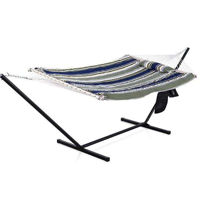 SUNCREAT Hammock with Stand Two Person Cotton Rope (Blue& Gray)