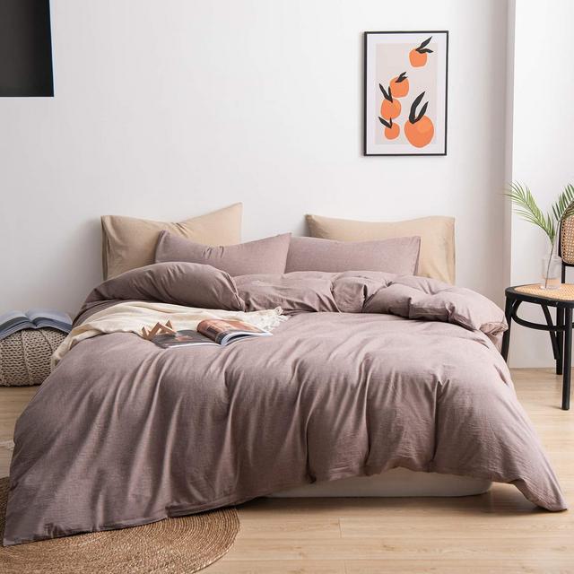 JIYUAN 100% Washed Cotton Duvet Cover Comfy Simple Style Solid Color Soft Breathable Textured Durable Linen Feel Bedding Sets for All Seasons King Size, Mauve Brown