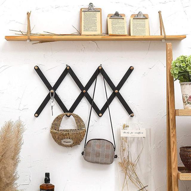 HOUCHICS Vintage Wood Accordion Rack Coat Rack Folding 11 Peg Mug Coat Hook Expandable Wall Hanger Coffee Rack for Hats, Scarves, Key, Dog Leashes(Black)