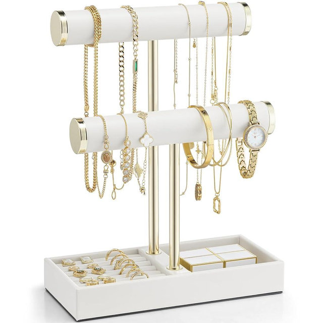 Vlando 2 Tier Bracelet Holder with Tray - Leather Jewelry Stand Organizer for Women - Valentines Day Gift Her- Jewelry Holder Display for Necklace, Watches, Rings, Earrings, Bangle, Scrunchie - White