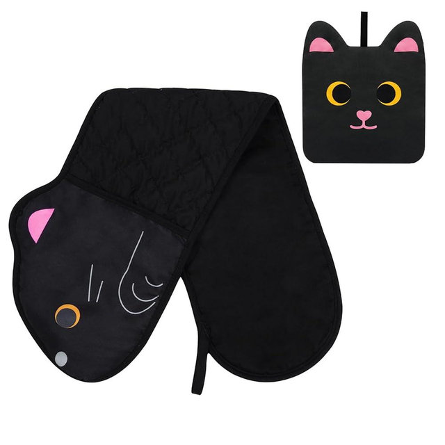 NIGOWAYS Black Oven Mitts and Pot Holder,Cat Design Cooking Glove with Hook,Cotton Lining and Heat Resistant Double Oven Mitts for Baking,Microwave,Oven Mitts Gifts for Mom,Women(Black)