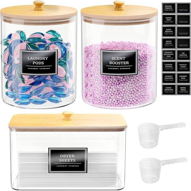 2+1 Pack Glass Laundry Pods Container & Dryer Sheet Holder, Clear Laundry Room Organization Containers with Bamboo Lids & Black Labels, Powder Laundry Detergent Container for Scent Booster, Powder