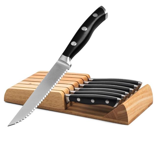 Alata 6-Piece Steak Knives Set with Block, Stainless Steel Steak Knife set with Serrated Edge, Razor-Sharp, Full-Tang Construction, Dishwasher Safe