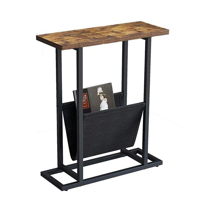 Yusong Retro Industrial Side Table,21-Inch Wood & Metal End Table with Magazine Holder,H Shape Narrow End Table with Storage Holder,Rustic Brown