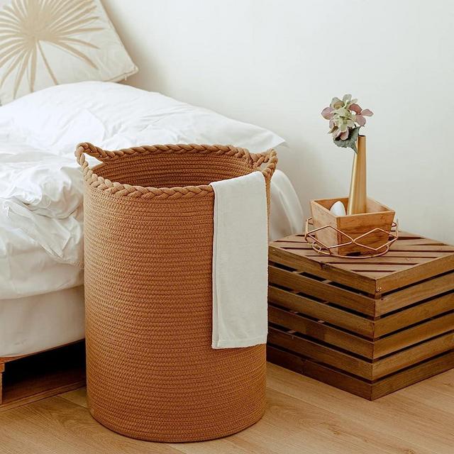Homlikelan 72L Woven Laundry Basket,Tall Wicker Laundry Basket for Blankets,Clothes,Pillows,Toys,Shoes Large Cotton Laundry Hamper for Bedroom Living Room Bathroom Nursery Brown