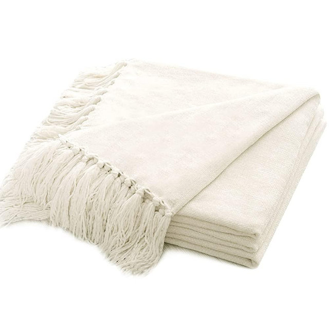 RECYCO Throw Blanket Soft Cozy Chenille Throw Blanket with Fringe Tassel for Couch Sofa Chair Bed Living Room Gift (Ivory White, 50'' x 60'')