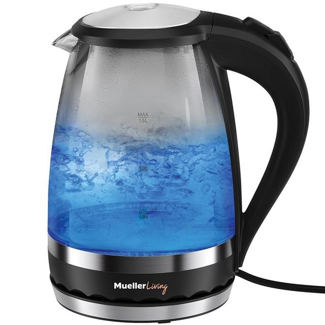 MuellerLiving Glass Kettle 1.5L 1500W LED Light Electric Tea Kettle Automatic Shut-Off with SpeedBoil Tech and Boil-Dry Protection