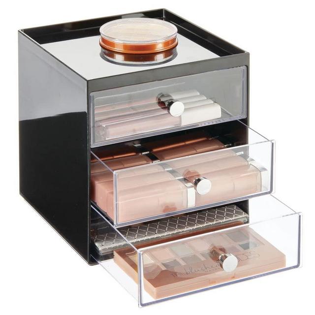 mDesign Makeup Organizer Storage Station Cube with 3 Drawers for Bathroom Vanity, Cabinet, Countertops - Holds Lip Gloss, Eyeshadow Palettes, Brushes, Blush, Mascara - Black/Clear