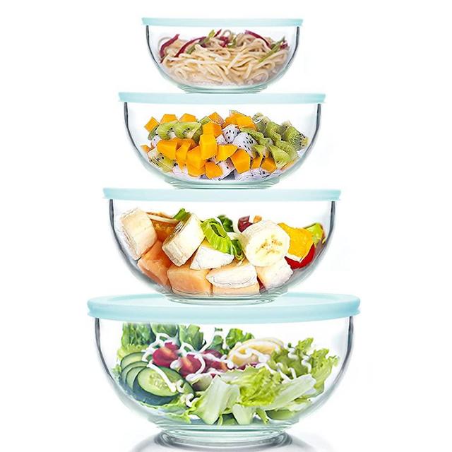 WhiteRhino 8 Piece Glass Bowls with Lids, Heat Resistant Glass Mixing Bowls Set (3.7QT, 2.1QT, 1.1QT, 0.53QT), Clear Salad Bowls with BAP-Free Lids for Kitchen, Oven Microwave Dishwasher Safe