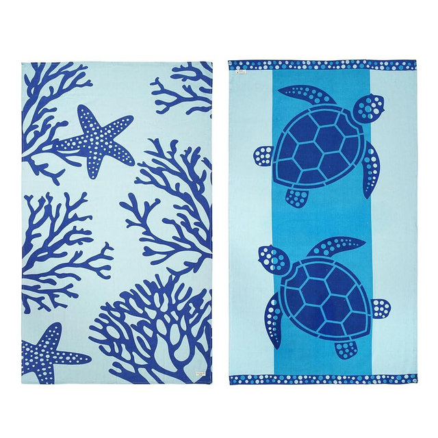 LANE LINEN Beach Towel 2 Pack, Oversized Beach Towel 39"x71", Lightweight Beach Essentials for Women, Large Pool Towel, Absorbent & Quick Dry, Sand Free Beach Towel - Turtle & Coral