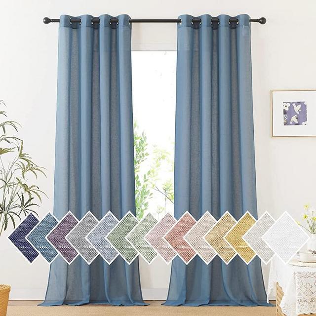 NICETOWN Flax Linen Sheer Curtains for Living Room, (Stone Blue) Grommet Vertical Drapes Semi Sheer Linen Curtains Privacy with Light Filtering for Bedroom / Farmhouse, W52 x L96, 1 Pair