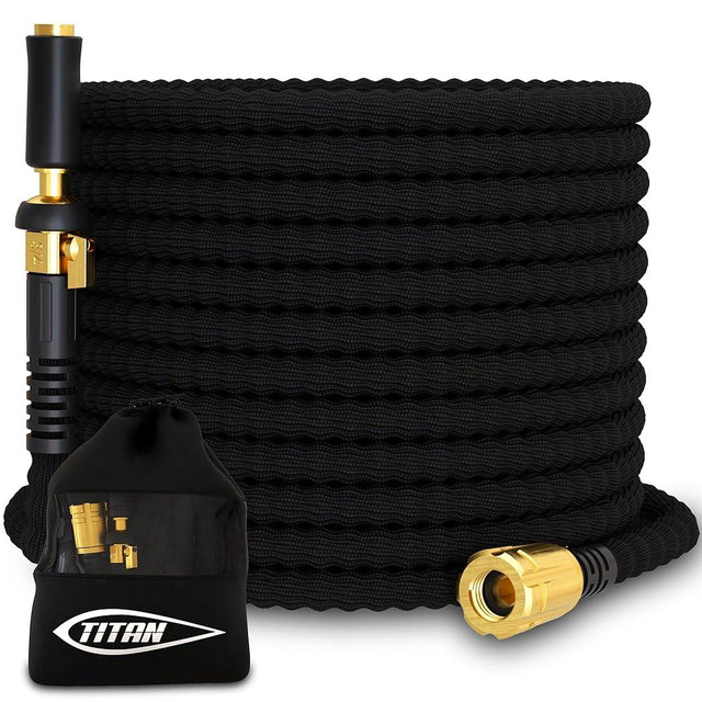 TITAN Flexible Garden Hose 15FT – Ultra Lightweight, Heavy Duty Water Hose with Brass Fittings & Jet Nozzle – Kink-Free, Non-Expanding, Durable Fabric Hose for Yard, Lawn, Car Wash, Outdoor Use