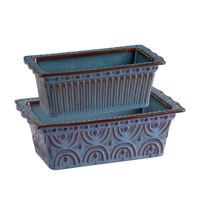 Sweejar Ceramic Baking Bread Loaf Pan, 9.3x5.3 Inch Rectangular Bread Baking Pan with Pattern, Bakeware for Home Kitchen (kiln-Change Blue)
