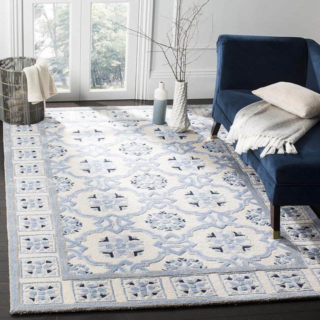 SAFAVIEH Bella Collection Accent Rug - 3' x 5', Ivory & Blue, Handmade Wool & Viscose, Ideal for High Traffic Areas in Entryway, Living Room, Bedroom (BEL155A)