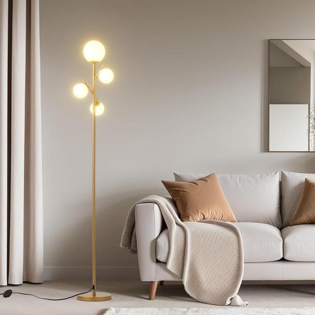 Fiqevs 4 Lights Gold Floor Lamp, Globe Mid Century Modern Tree Standing Lamp with Frosted Glass Shade & LED Bulbs, Contemporary Torchiere Tall Lamp for Living Room, Bedroom, Office - Antique Brass