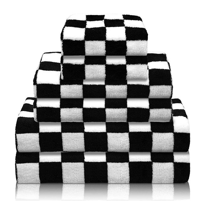 Kinlop Black and White Checkered Pattern Bath Towel Set of 6 Towels 2 Bath Towel 2 Hand Towel 2 Washcloth, Multipurpose for Bathroom, Hotel, Gym, Spa and Beach, Coastal Inspired Bathroom Accessories