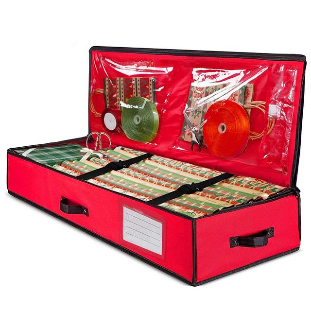 Juegoal Christmas Storage Organizer, 40.5 Inch Gift Wrapping Paper Storages, Interior Pockets, Underbed Storage, 2021 Upgrade Storage Box with Cardboard Inside, Holiday Accessories, Tear Proof Fabric