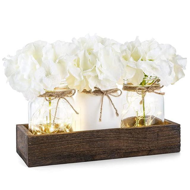 Mkono Lighted Floral Mason Jar Centerpiece Decorative Wood Tray with 3 Painted Jars Rustic Country Farmhouse Home Decor for Herb Plants Coffee Table Dining Room Living Room Kitchen Utensils Holder