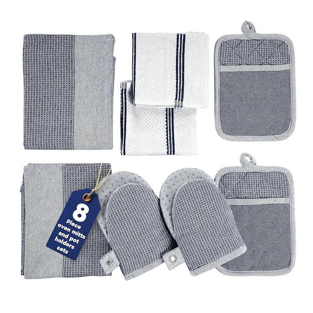 Casa Platino Mini Oven Mitts Set, 8-Piece – 500°F Heat Resistant Silicone Oven Mitts, Potholders for Kitchens, 2 Kitchen Towels & 2 Dish Cloths – Non-Slip & Durable – Indigo
