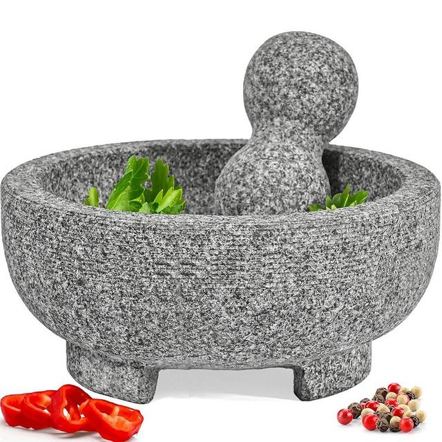 PriorityChef Granite Mortar and Pestle Set - 8 Inch Natural Stone Molcajete Mexicano for Spices, Seasonings, Pastes - Pestle and Mortar Bowl for Fresh Guacamole, Salsa, Pesto, Large, Grey