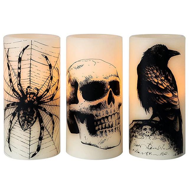Eldnacele Halloween Flickering Candles with Skull, Spider Web, Crow Raven Decals Set of 3 Battery Operated Real Wax Candles with Timer Halloween Themed LED Candles Horror Spooky Decoration (D3" x H6")
