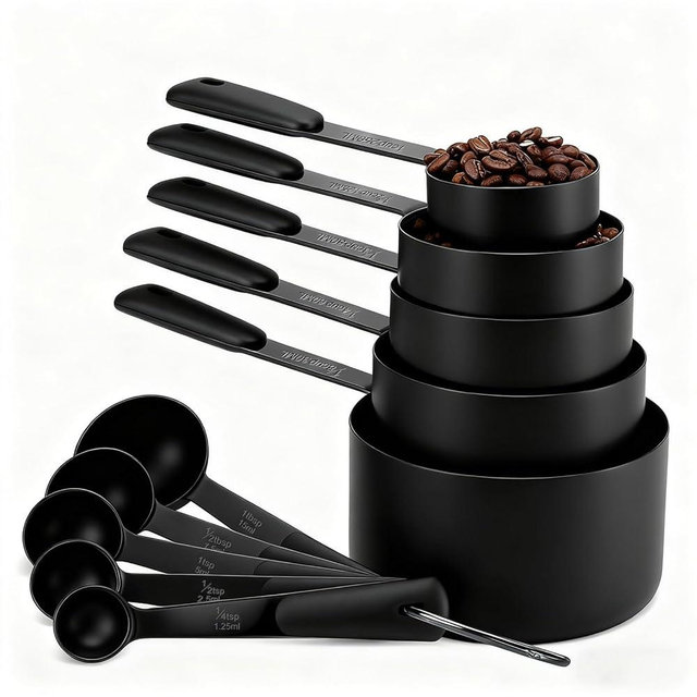 Bopei Measuring Cups and Spoons Set, Titanium-Plated Matte Black Stainless Steel 10 Piece for Cooking and Baking (5 Cups + 5 Spoons All Black)